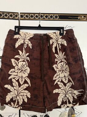Old School Tommy Bahama Brown Swim Trunks with Cream Hibiscus Print